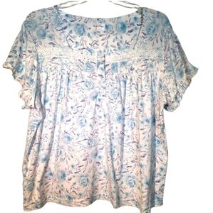 Body Touch Floral Lace Trim Pajama Top 3X EUC Blue Gray White